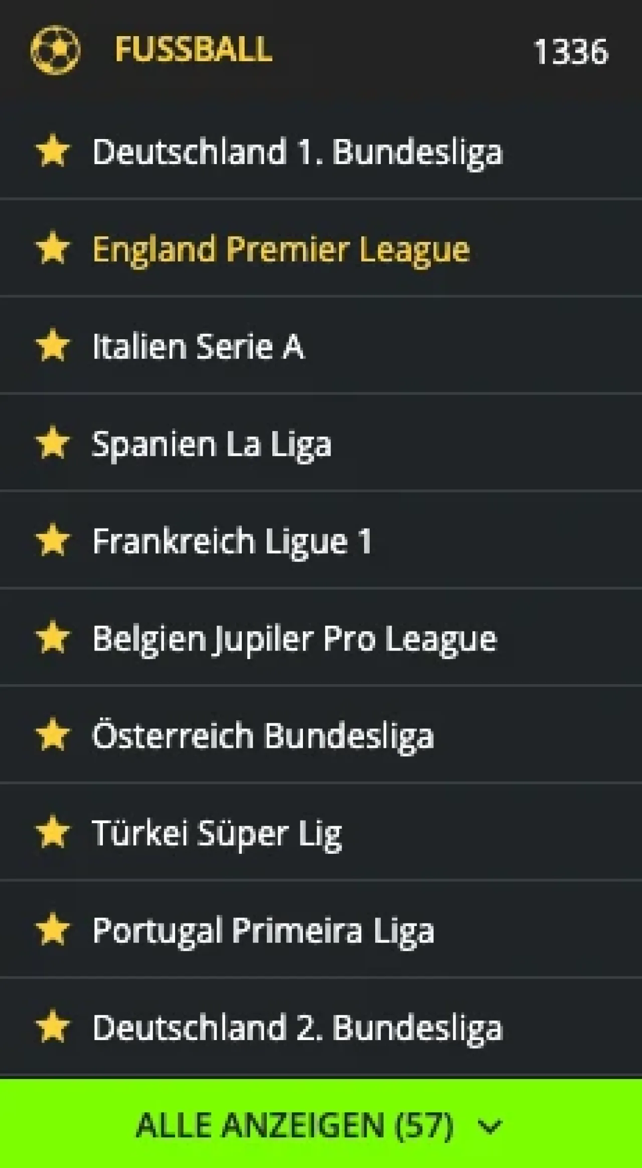 Weltbet Fussball Schweiz: Auf der Webseite ist die Super League in der linken Spalte zu finden. Unter Fussball, klicke auf 'Alle Anzeigen' um alle Schweizer Ligen zu finden.