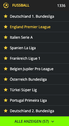 Weltbet Fussball Schweiz: Auf der Webseite ist die Super League in der linken Spalte zu finden. Unter Fussball, klicke auf 'Alle Anzeigen' um alle Schweizer Ligen zu finden.