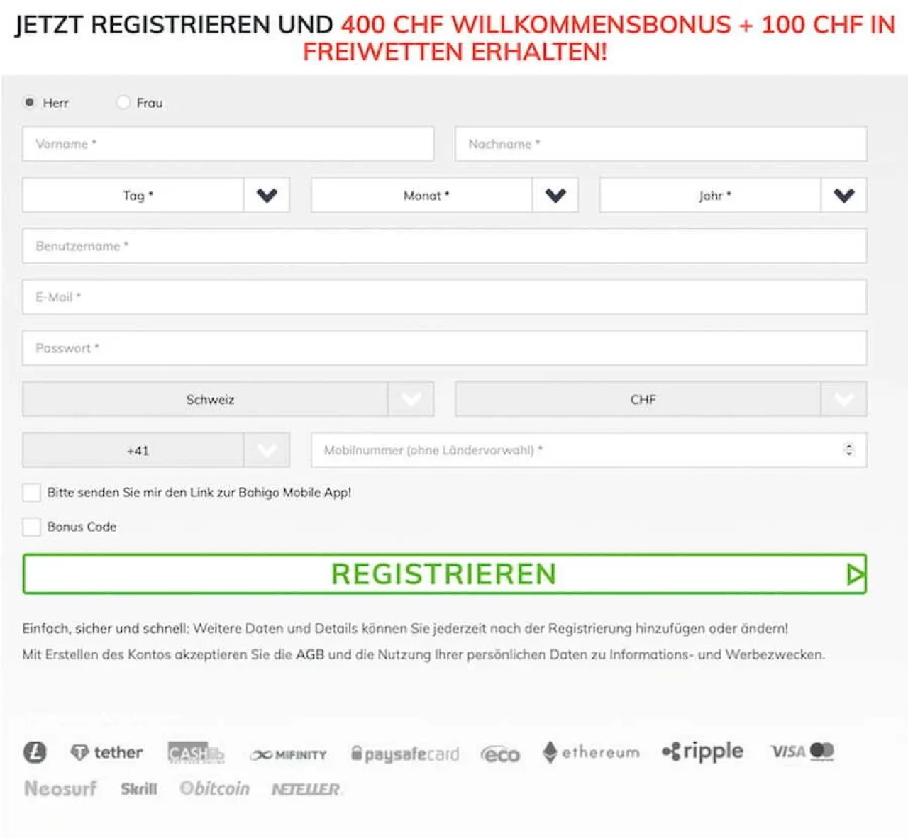 Bahigo Schweiz Registrierung