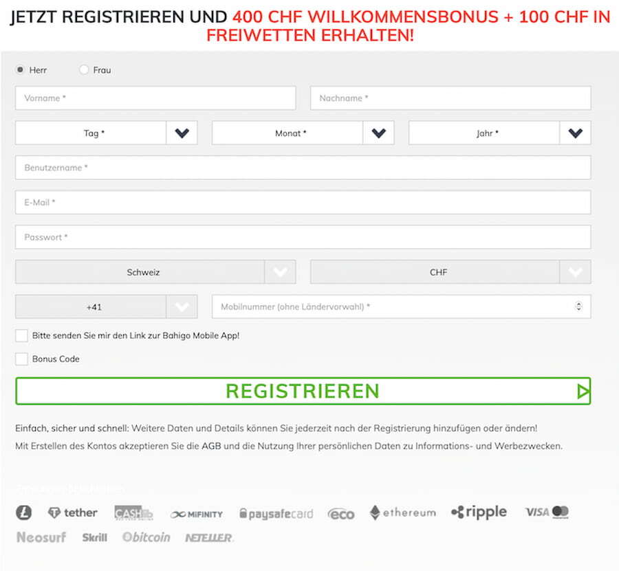 Bahigo Schweiz Registrierung
