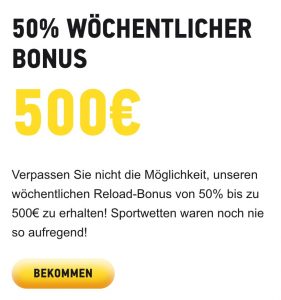 Bei Fezbet gibt es einen 50% wöchentlichen Reload-Bonus bis zu 500€.